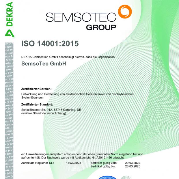 SemsoTec zertifiziert nach ISO 14001:2015 